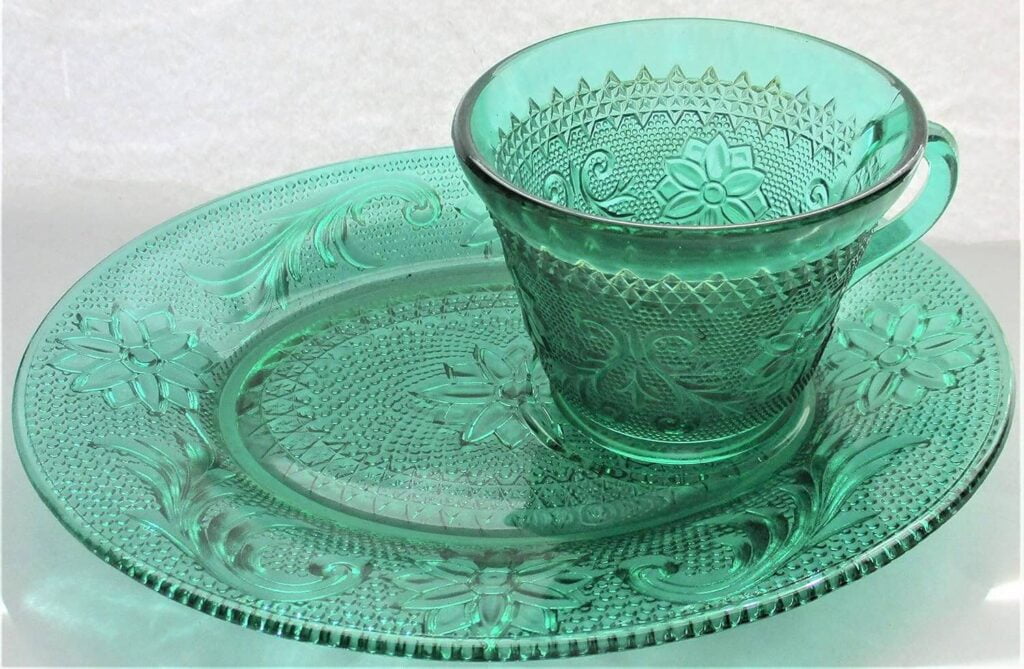 Green Depression Glass Plate with Cup