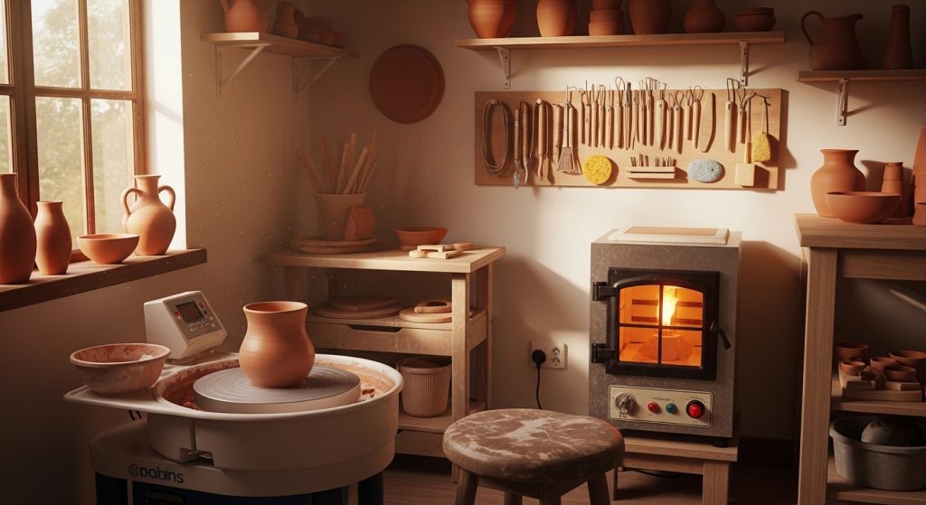 home pottery studion with electric kiln