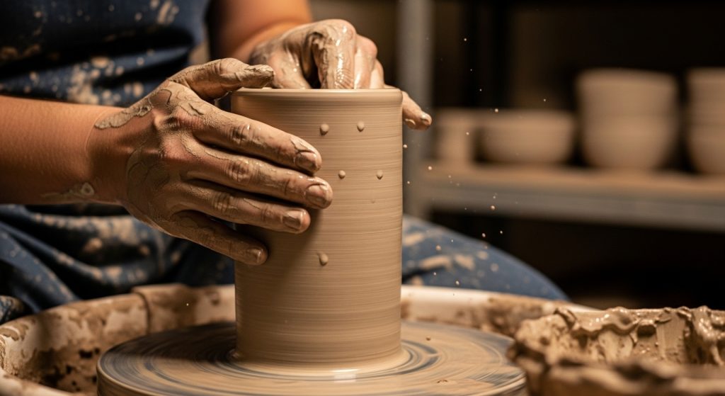 spinning pottery wheel in a home studio
