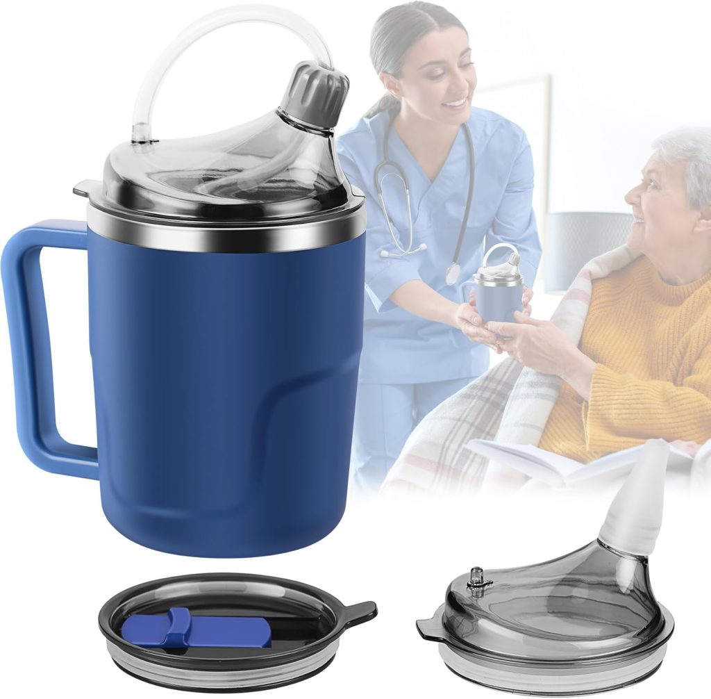 Adult spill feeding cup for patients that are disabled with tremor and parkinsons