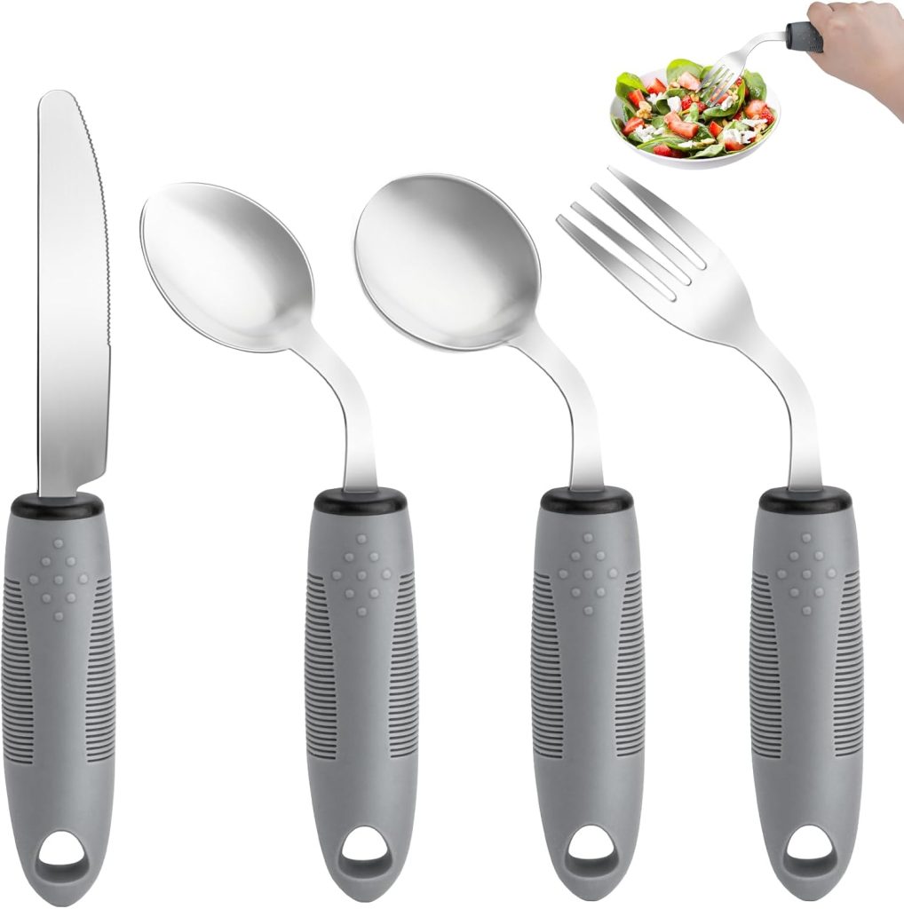 Angled weighted adaptive utensils for hand tremors and Parkinsons elderly patients