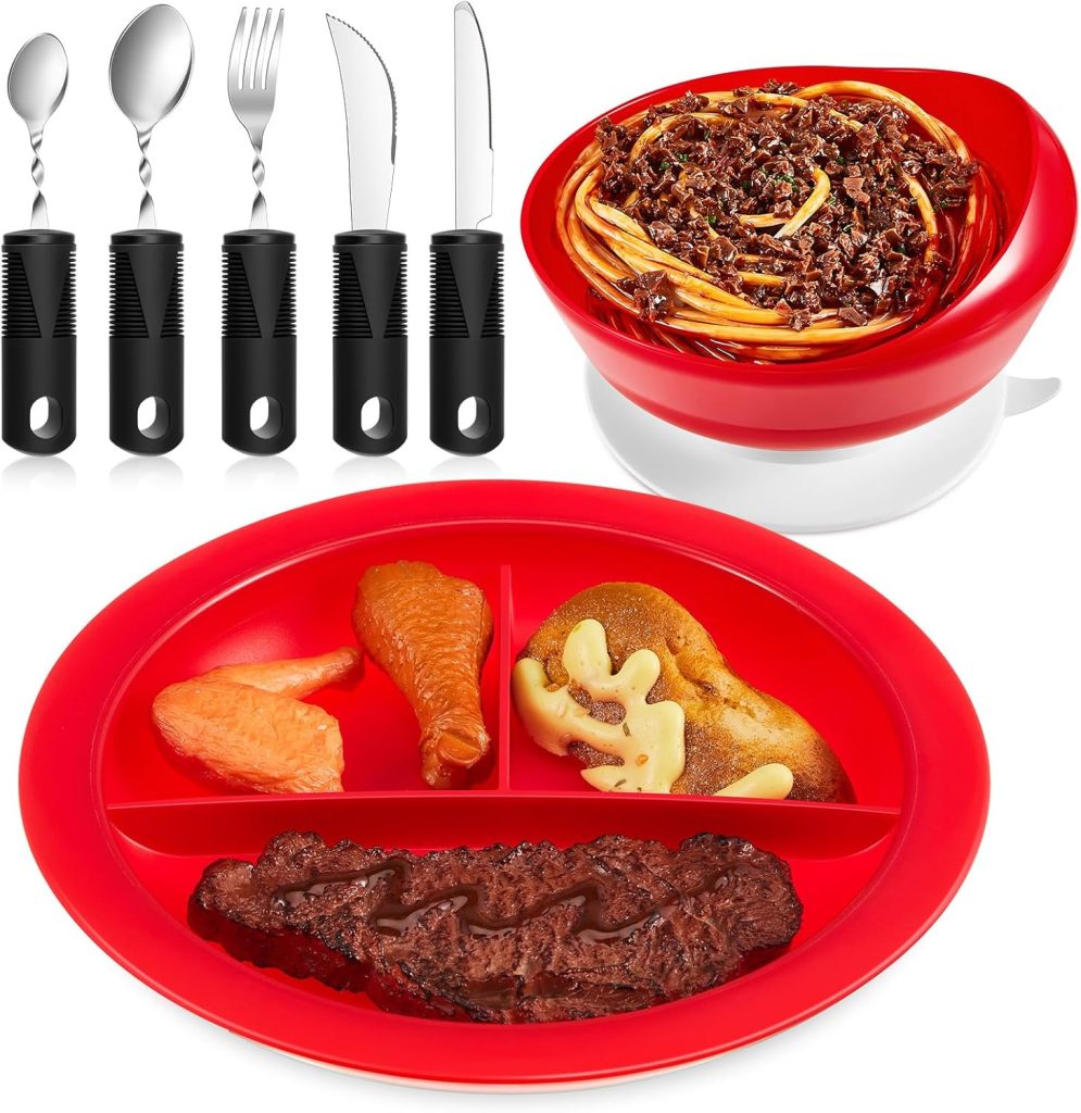 Spill proof scoop Bowl and weighted angled adaptive utensils