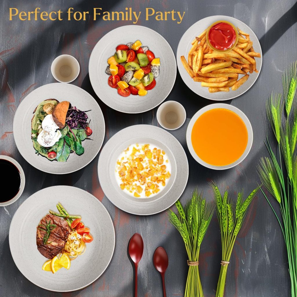 Weekend brunch spread on wheat straw dinnerware with family gathered around